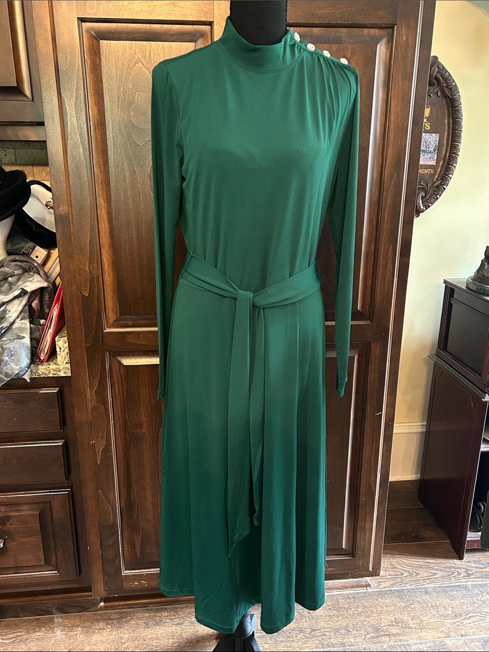 Appleseed Sz S Classic High-Neck Long Sleeve Belted Green Dress - Rhinestone